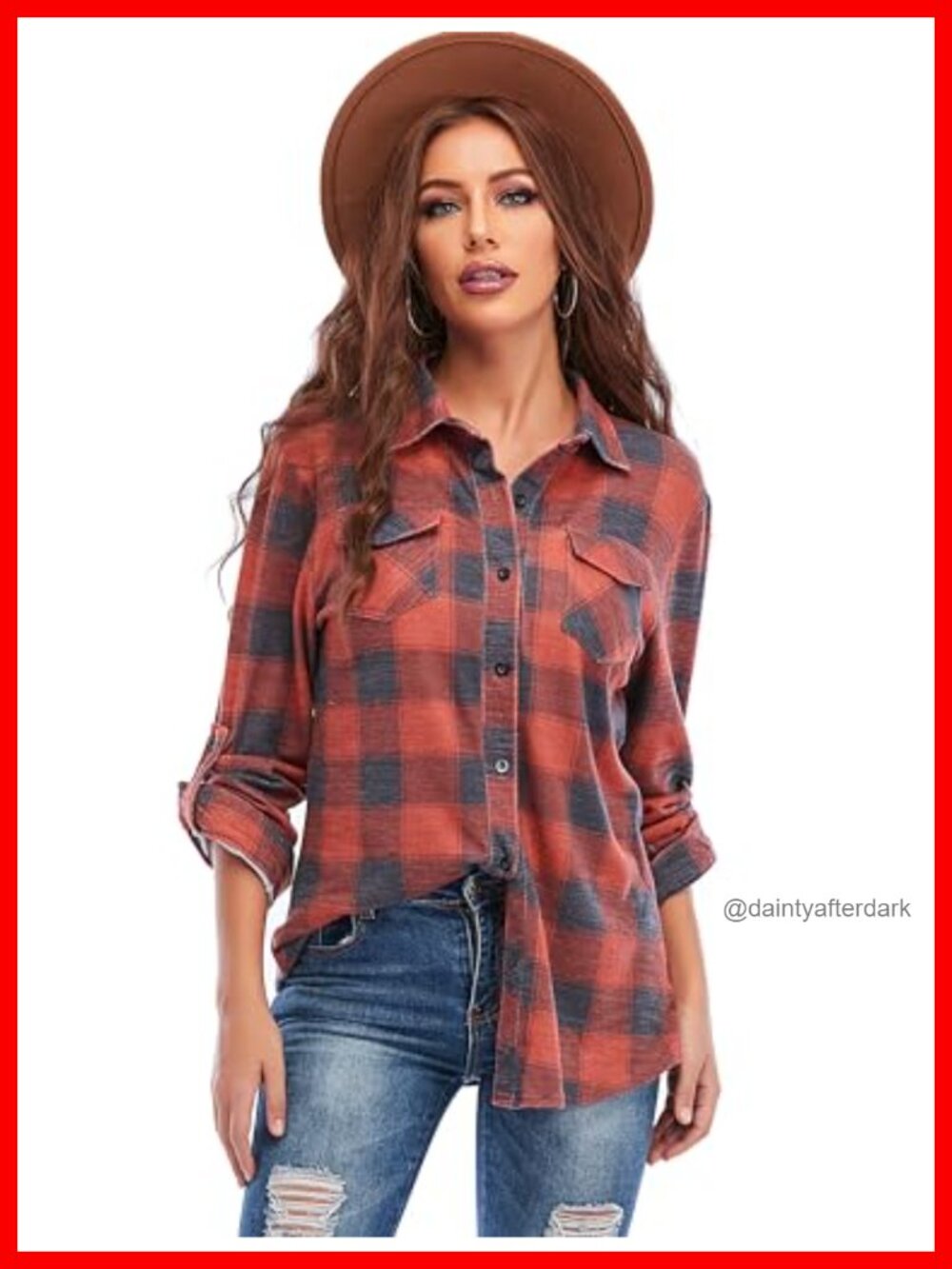 Womens Plaid Flannel Button Down Shirt Cotton Blend Long Sleeve Casual